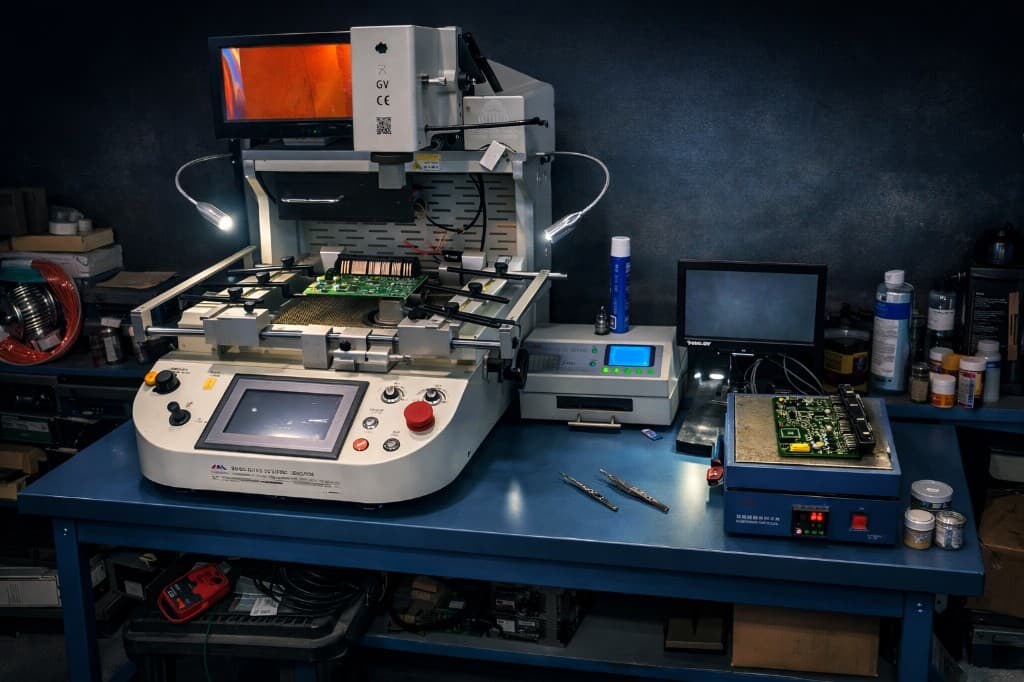Professional BGA rework and electronics repair bench with circuit boards and diagnostic equipment