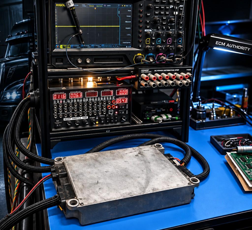 Control module wired into lab test equipment on the repair bench