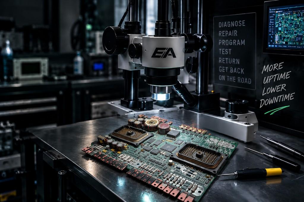 Repair bench with a microscope over a diesel control module