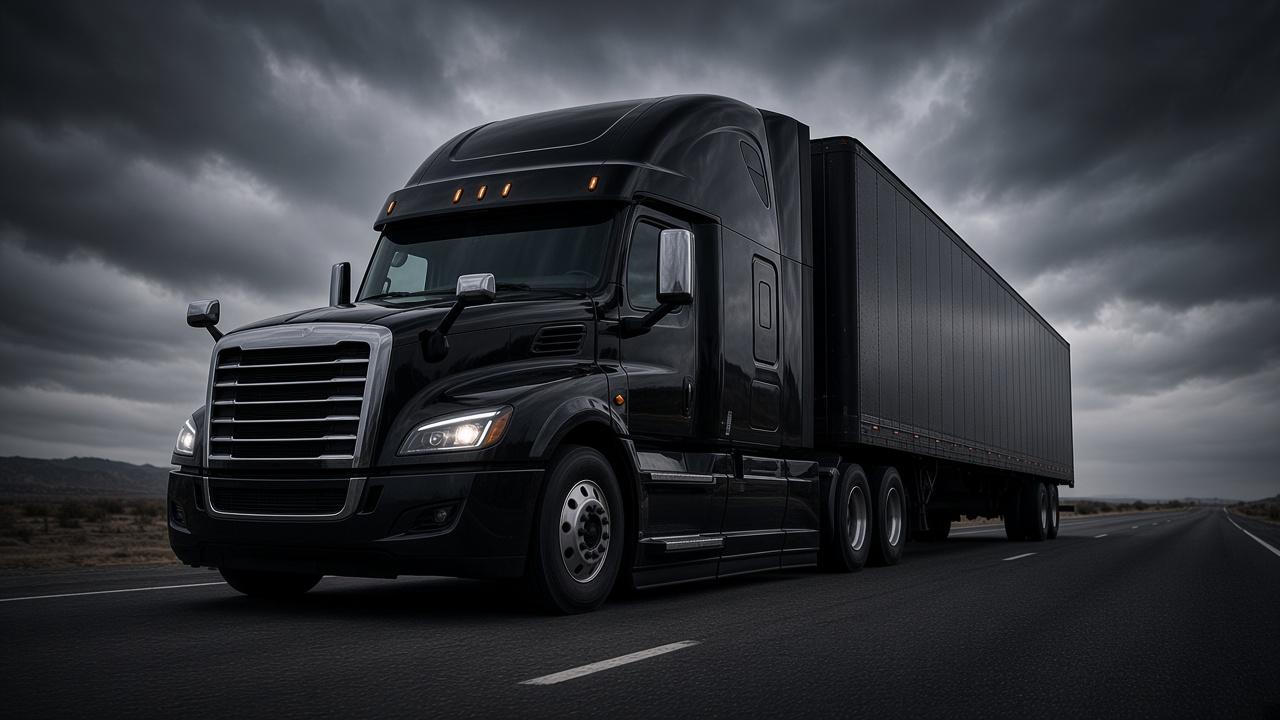 Black semi truck on an open highway under storm clouds