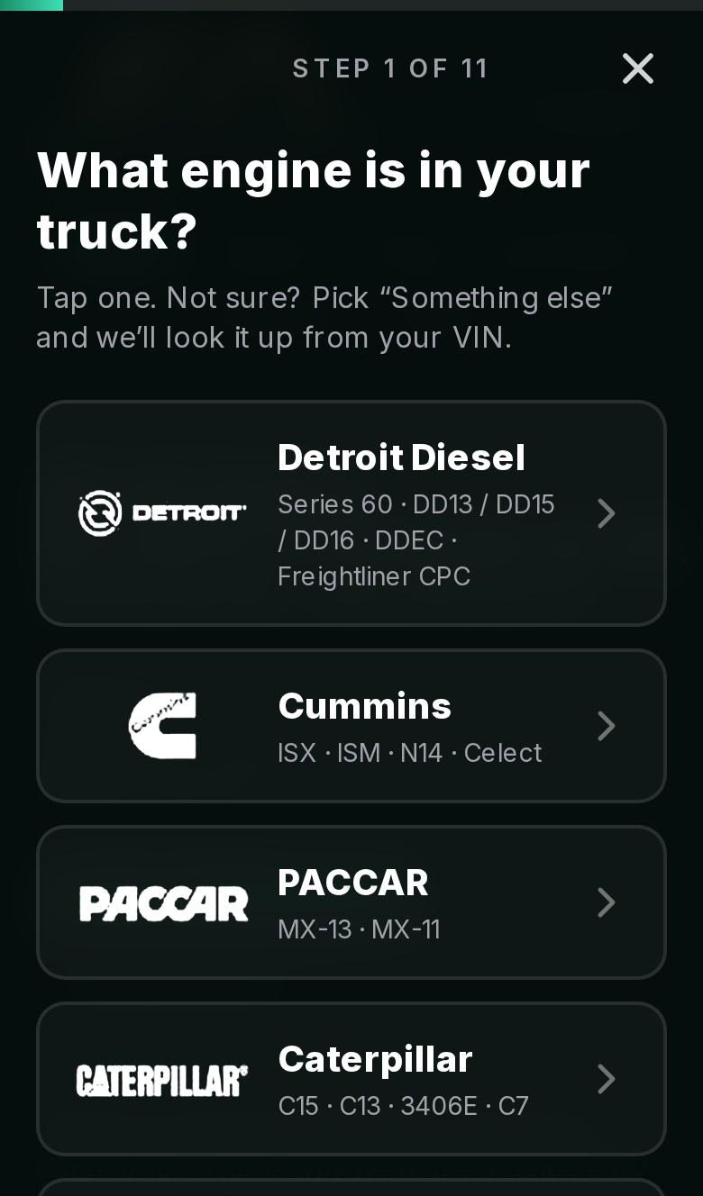 The ECM Authority repair wizard on a phone asking “What engine is in your truck?” with Detroit, Cummins, PACCAR, and Caterpillar options