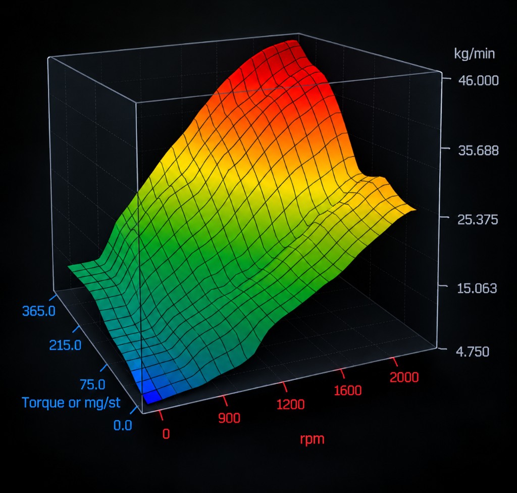 Calibration map of torque and fuel rate across engine speed