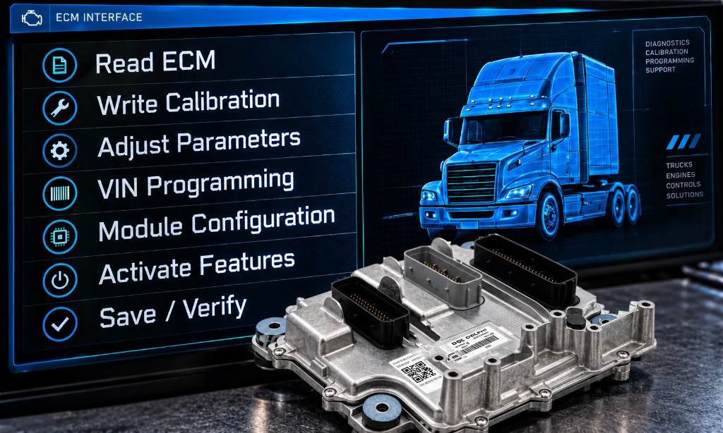 ECM programming screen beside a Detroit Diesel control module